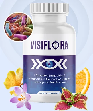 VisiFlora vision support supplement bottle, 30 capsules, with saffron and marigold flowers